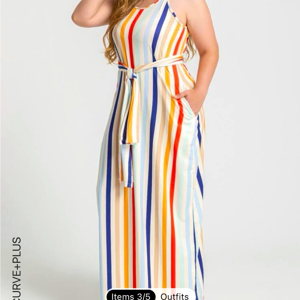 SHEIN 1X Rainbow Striped Cami Dress with Belt & Pockets NEVER WORN!